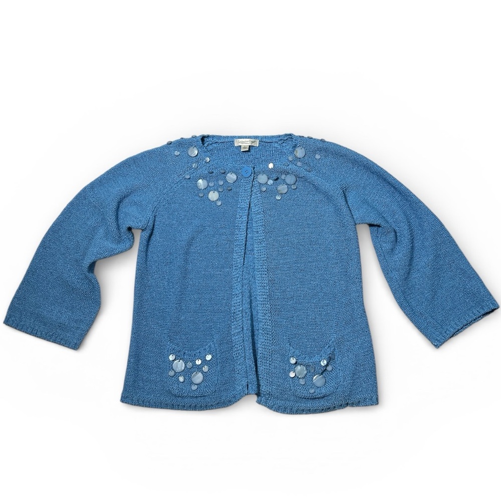 Coldwater Creek Blue Top Button Cardigan Sweater Beaded Embellished - L